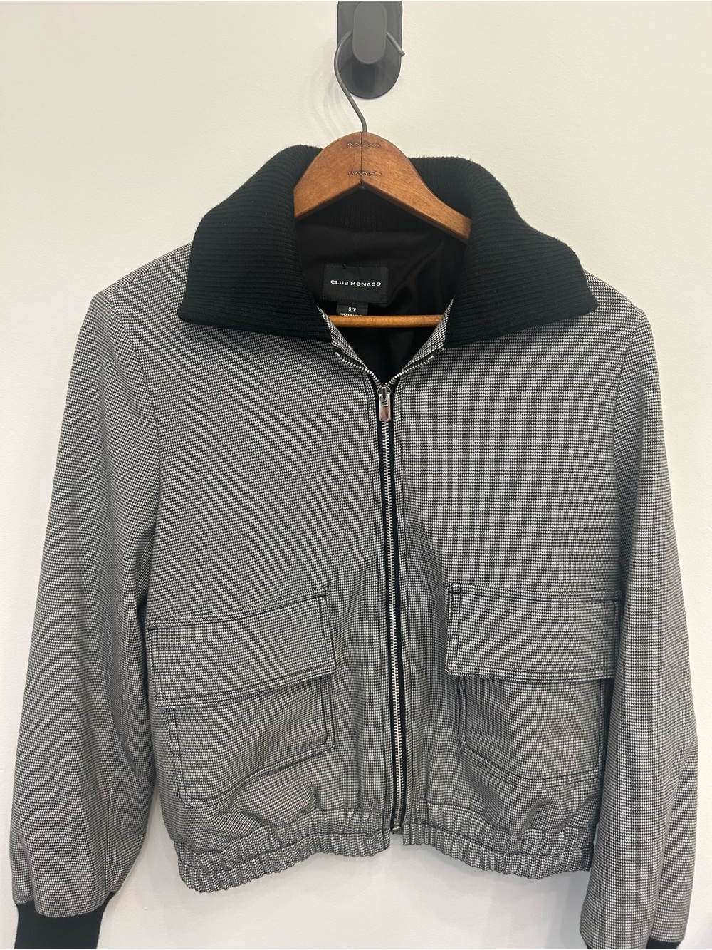 Club Monaco Houndstooth Bomber Jacket with Black Ribbed Collar